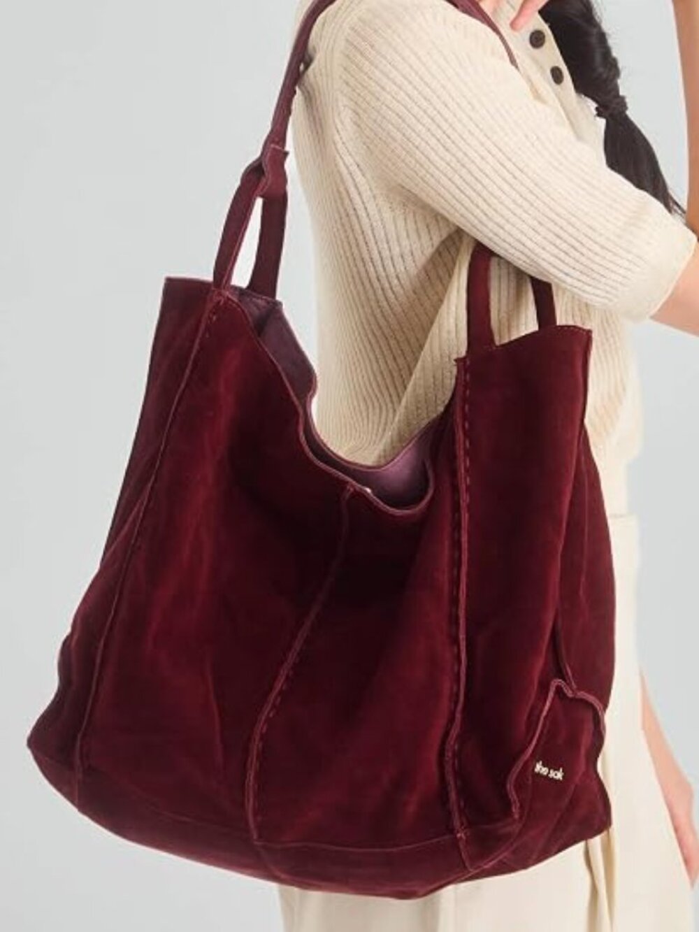 The Sak Los Feliz Large Tote Black Cherry Suede Leather Hobo Shoulder Bag NWT - Picture 2 of 6